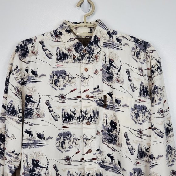 North River Bow Hunter Deer Elk Print Button Down Men's Cotton Shirt Size L - Picture 2 of 12